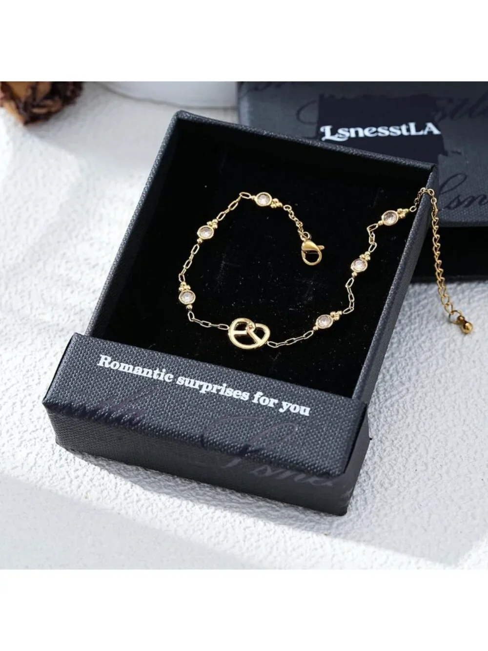 Dainty 18K Gold Plated Pretzel Charm CZ Bracelet - Eternal Love Wedding Gift for